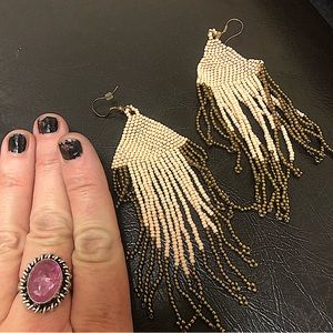 Set of Boho Pink Beaded Earrings & Pink Glass Ring